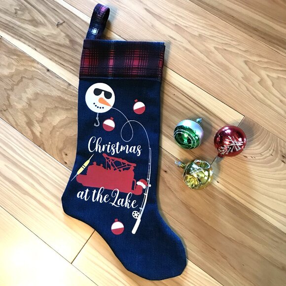 Recycled Denim Christmas Stocking: Lake Cabin Decor, Pontoon Fishing Boat - Picture 2 of 9